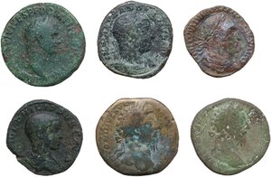 obverse: The Roman Empire.. Lot of six (6) unclassified AE Sestertii, including: Domitian, Marcus Aurelius, Severus Alexander, Philip II