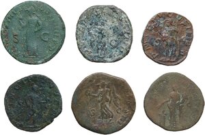 reverse: The Roman Empire.. Lot of six (6) unclassified AE Sestertii, including: Domitian, Marcus Aurelius, Severus Alexander, Philip II