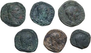 obverse: The Roman Empire.. Lot of six (6) AE coins, 5 Sestertii (Gallienus, Trebonianus Gallus, Gordian III, Philip II) and a Dupondius (Severus Alexander)