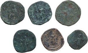reverse: The Roman Empire.. Lot of six (6) AE coins, 5 Sestertii (Gallienus, Trebonianus Gallus, Gordian III, Philip II) and a Dupondius (Severus Alexander)
