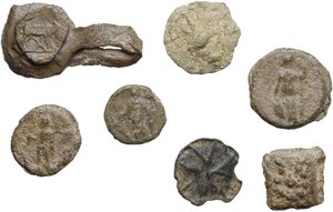 obverse: Lot of seven (7) lead tesserae, including a complete seal.  From the Roman Republican to the Early Medieval period