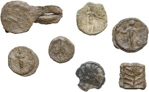 reverse: Lot of seven (7) lead tesserae, including a complete seal.  From the Roman Republican to the Early Medieval period