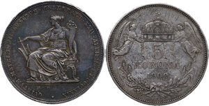 reverse: Austria.  Franz Joseph (1848-1916).. Lot of two (2) Austrian AR coins, including: 1 Doppelgulden 1879, 5 Korona 1900