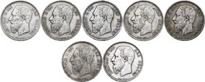 obverse: Belgium.  Leopold II (1865-1909), King of the Belgians.. Lot of seven (7) AR 5 francs of Leopold II of Belgium, including years: 1867, 1870, (5) 1873