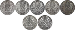 reverse: Belgium.  Leopold II (1865-1909), King of the Belgians.. Lot of seven (7) AR 5 francs of Leopold II of Belgium, including years: 1867, 1870, (5) 1873