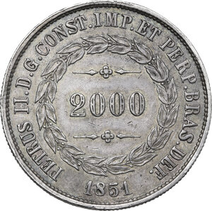 reverse: Brazil.  Petrus II of Brazil.. AR 2000 reis 1851