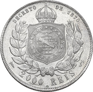 reverse: Brazil.  Petrus II of Brazil.. AR 2000 reis 1888