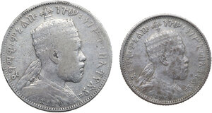 obverse: Ethiopia.  Menelik II (1889-1913).. Lot of two (2) AR Ethiopian coins, including: 1/2 birr, 1/4 birr, both minted in Paris
