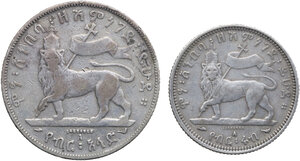 reverse: Ethiopia.  Menelik II (1889-1913).. Lot of two (2) AR Ethiopian coins, including: 1/2 birr, 1/4 birr, both minted in Paris