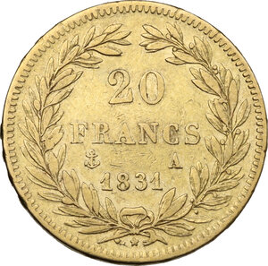 reverse: France.  Louis Philippe (1830-1848).. AV 20 francs 1831 A, Paris mint