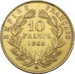 reverse: France.  Napoleon III (1852-1870).. AV 10 Francs 1868 A Paris mint