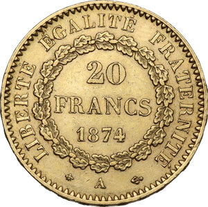 reverse: France.  Third republic (1870-1940).. AV 20 francs 1874 A, Paris mint