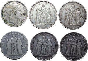obverse: France. Lot of six (6) AR coins: 5 francs 18--, 1875, 1876, 1965, 1966, 20 francs 1934
