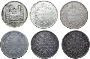 reverse: France. Lot of six (6) AR coins: 5 francs 18--, 1875, 1876, 1965, 1966, 20 francs 1934