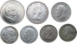 obverse: Great Britain. Lot of seven (7) Great Britain coins, including, (3) one florin 1921, 1923, 1933, half crown 1921, two shillings 1956, 1 dollar Canada 1964, a celebrative coin of Winston Churchill