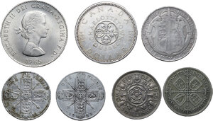reverse: Great Britain. Lot of seven (7) Great Britain coins, including, (3) one florin 1921, 1923, 1933, half crown 1921, two shillings 1956, 1 dollar Canada 1964, a celebrative coin of Winston Churchill