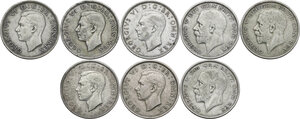 obverse: Great Britain. Lot of eight (8) AR british half crowns, including years: (2) 1931, 1935, 1938, 1940, 1942, 1946, 1948