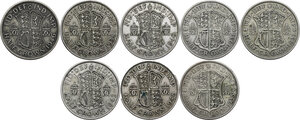 reverse: Great Britain. Lot of eight (8) AR british half crowns, including years: (2) 1931, 1935, 1938, 1940, 1942, 1946, 1948