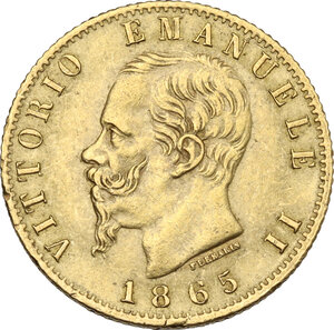 obverse: Italy .  House of Savoy. Vittorio Emanuele II  (1861-1878). AV 20 lire 1865, Torino mint