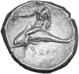 reverse: Southern Apulia, Tarentum. AR Nomos, 302-280 BC. Arethon, Sa-, and Cas-, magistrates