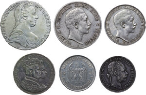 obverse: Lot of six (6) German area coins, including, 1 Thaler 1780, 1 Thaler 1861, 1 Florin 1882, fünf Mark 1899, drei Mark 1910, fünf Reichsmark 1934