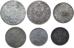 reverse: Lot of six (6) German area coins, including, 1 Thaler 1780, 1 Thaler 1861, 1 Florin 1882, fünf Mark 1899, drei Mark 1910, fünf Reichsmark 1934