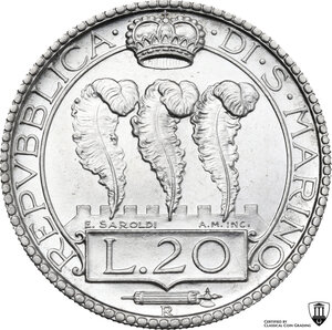 reverse: San Marino.  Seconda monetazione (1931-1938).. AR 20 lire 1931