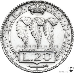 reverse: San Marino.  Seconda monetazione (1931-1938).. AR 20 lire 1933