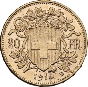 reverse: Switzerland.  Confederation (1848- ). AV 20 Francs 1914 B, Bern mint