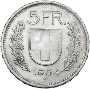 reverse: Switzerland.  Confederatio Helvetica. AR 5 francs 1954 B, Bern mint