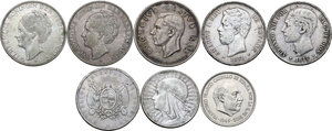 obverse: Lot of eight (8) AR coins from various countries, 1 peso Uruguay 1893, 5 shillings South Africa 1949, 10 zloty Poland 1932, (2) 2 1/2 gulden Netherlands 1929 and 1933, 5 pesetas Espana 1871, 1877, 1949