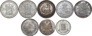 reverse: Lot of eight (8) AR coins from various countries, 1 peso Uruguay 1893, 5 shillings South Africa 1949, 10 zloty Poland 1932, (2) 2 1/2 gulden Netherlands 1929 and 1933, 5 pesetas Espana 1871, 1877, 1949
