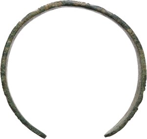 reverse: Bronze Age, Balkan. Bronze bracelet. Carved and punched geometric patterns.  Diameter: 55 mm. Width: 10 mm