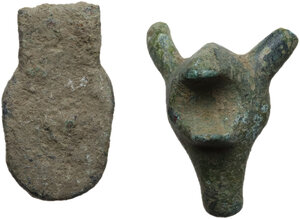 reverse: Celtic World. Lot of two (2) bronze decorative elements in the shape of a human and a bull s head respectively.26x21 mm and 26x14 mm