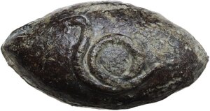 obverse: Greek world. Lead slingshot bullet. Coiling snake and inscription.  30 mm
