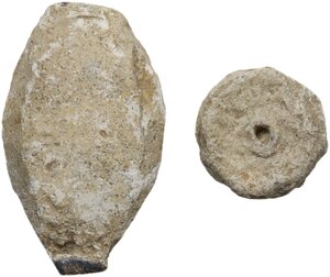 reverse: Greek and Roman World. Lot of two (2) lead seals.  Oval: Athena standing right, holding spear and Nike. 27x16mm.  Round: Standing figure in military attire. 12 mm
