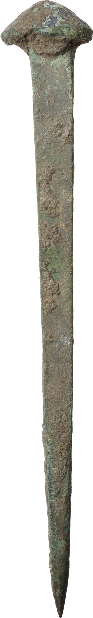reverse: Roman period. Long bronze square section nail with domed head.  116x18 mm