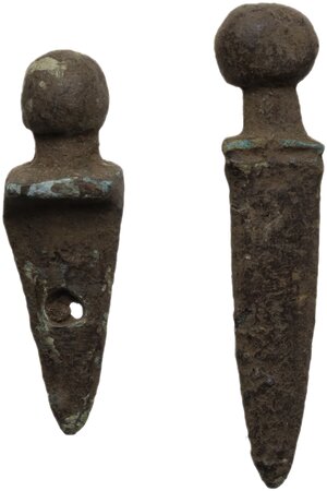 obverse: Roman period. Lot of two (2) bronze sword pendants. 29 mm and 37 mm