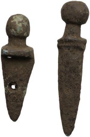 reverse: Roman period. Lot of two (2) bronze sword pendants. 29 mm and 37 mm