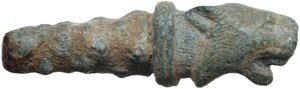 obverse: Roman period. Bronze element (an handle?) in the shape of a gnarled staff terminating in a lion s head.  49 x 14 mm