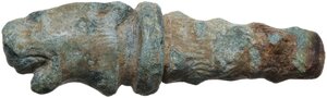 reverse: Roman period. Bronze element (an handle?) in the shape of a gnarled staff terminating in a lion s head.  49 x 14 mm