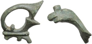 obverse: Roman period. Lot of two (2) bronze appliqués, probably parts of an handle and/or the decoration of acasket