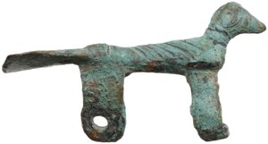 obverse: Late Roman period, circa 4th cent. AD. Bronze fibula cast in the form of a bird, with a long fan tail, details of the plumage incised. 36 mm. length