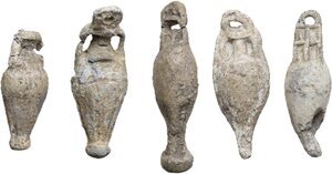 obverse: Roman period. Lot of five (5) cast lead weights of frame in the form of miniaturistic amphora