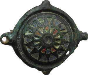 obverse: Late Roman period, Balkans. Bronze fibula with enamel inlaid.  27 mm