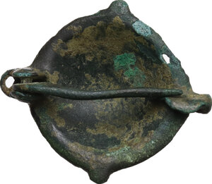 reverse: Late Roman period, Balkans. Bronze fibula with enamel inlaid.  27 mm