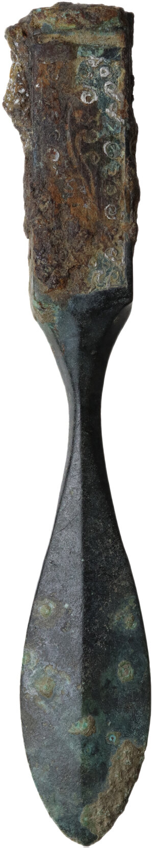 reverse: Late Roman period, Balkans. Bronze tool. Handle elaborately decorated with floral patterns, some silvering in the lines of the pattern.  78 mm