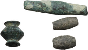 obverse: Roman to Medieval period. Lot of four (4) bronze beads and spindles. Various shapes and dimensions