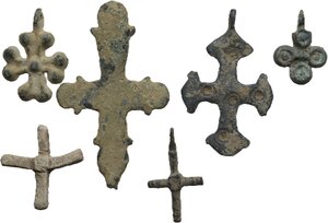 obverse: Byzantine. Lot of six items, bronze (5) and lead (1) cross pendants in various shipped and sizes