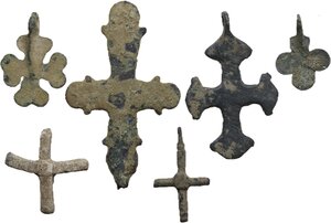 reverse: Byzantine. Lot of six items, bronze (5) and lead (1) cross pendants in various shipped and sizes